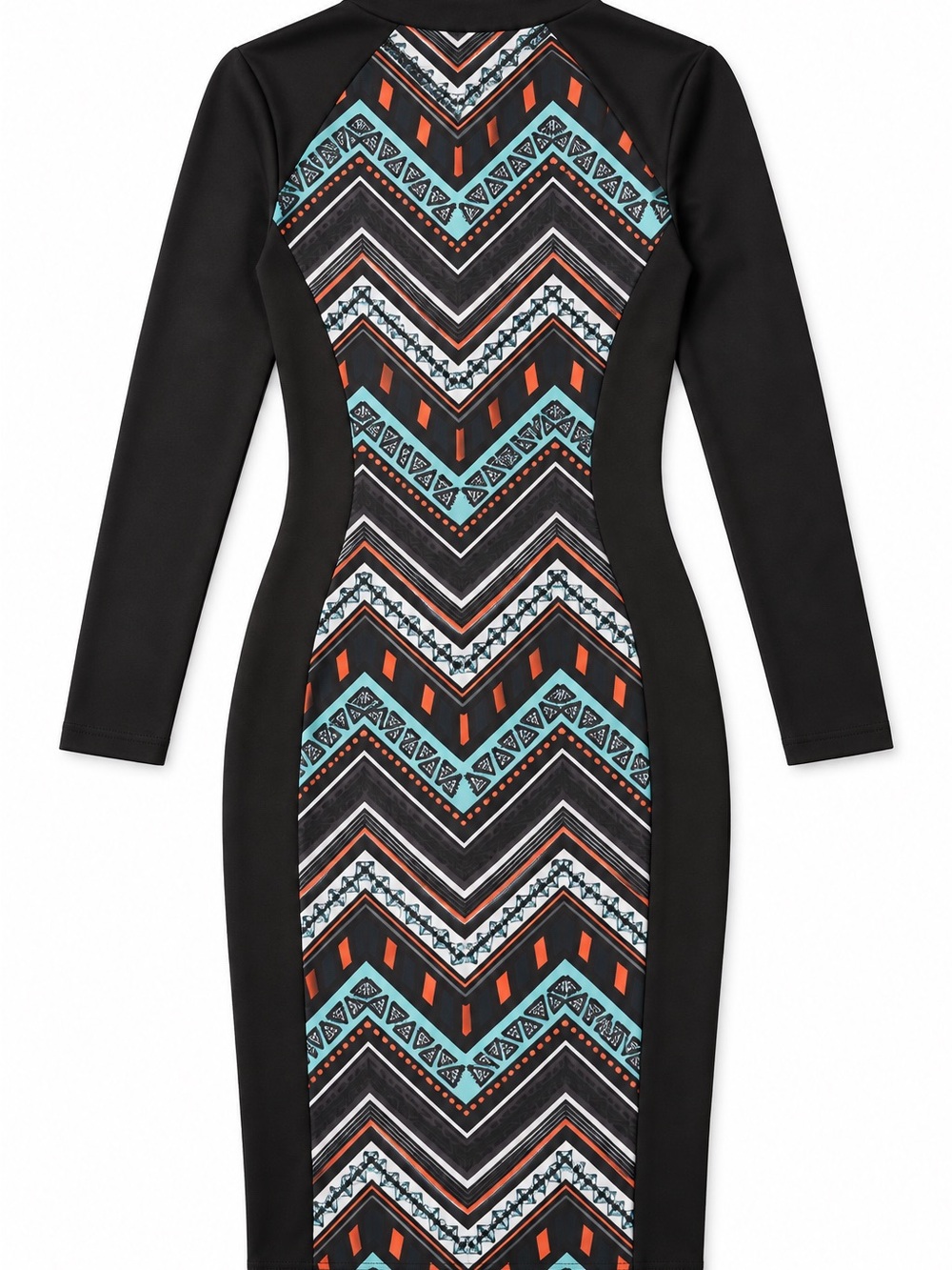 Ambiance Black Long-Sleeve Sheath Dress with Teal and Orange Chevron Panel